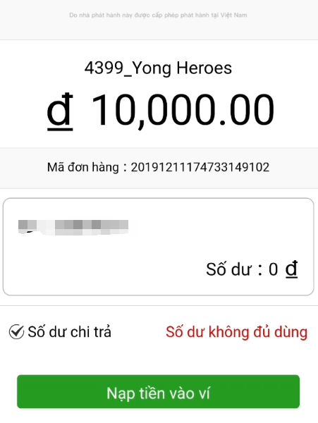 Nạp tiền vào ví 100D Yong Heroes